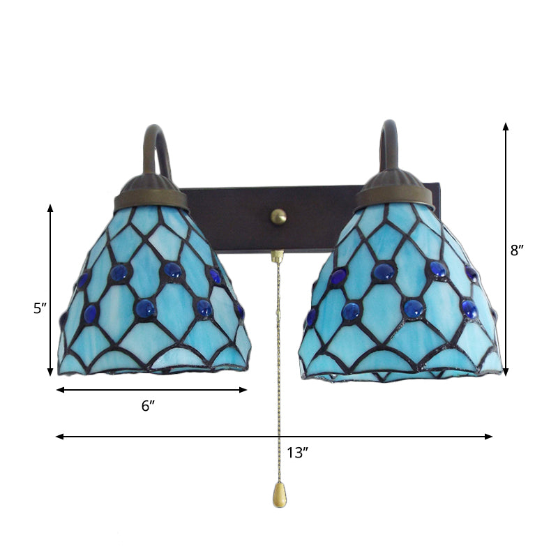 Sky Blue Glass Bowl Sconce Light Fixture - Mediterranean Style 1 Head Wall With Pull Chain