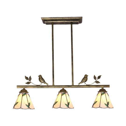 Tiffany Style Stainless Glass Cone Shade Island Lighting Fixture With Leaf Pattern - 3 Lights Beige