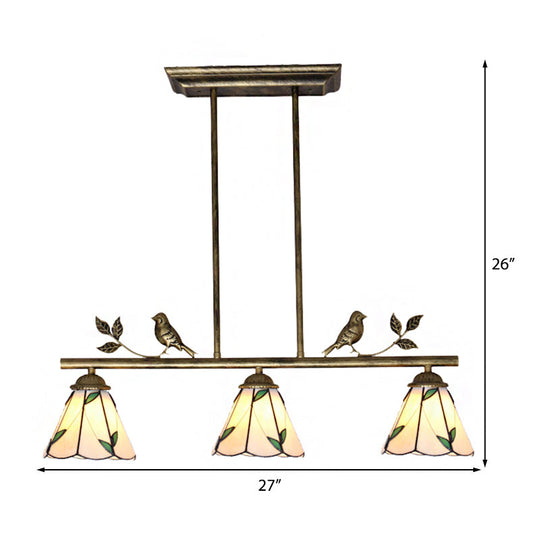 Tiffany Style Stainless Glass Cone Shade Island Lighting Fixture With Leaf Pattern - 3 Lights Beige