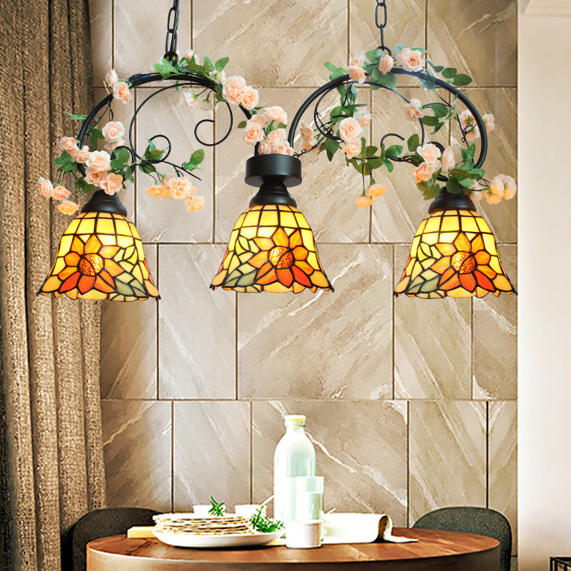 Yellow Bell Shade Island Pendant Light - Tiffany Style 3-Head Stainless Art Glass Chandelier Lamp