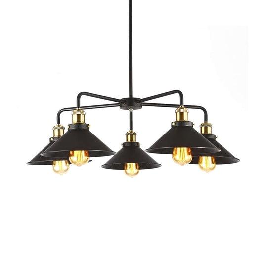 Industrial Style Black Metallic Hanging Light Chandelier For Dining Table - 3/4/5 Head Conical