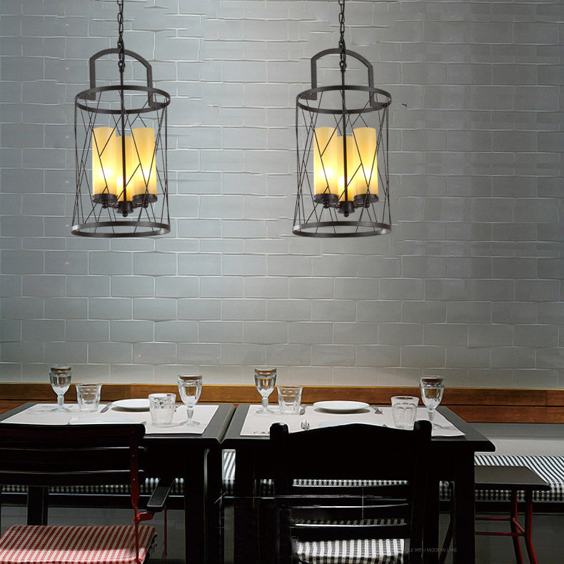 Industrial 3-Head Black Pendant Lamp with Cylinder Glass Shade and Wire Frame - Perfect for Restaurants