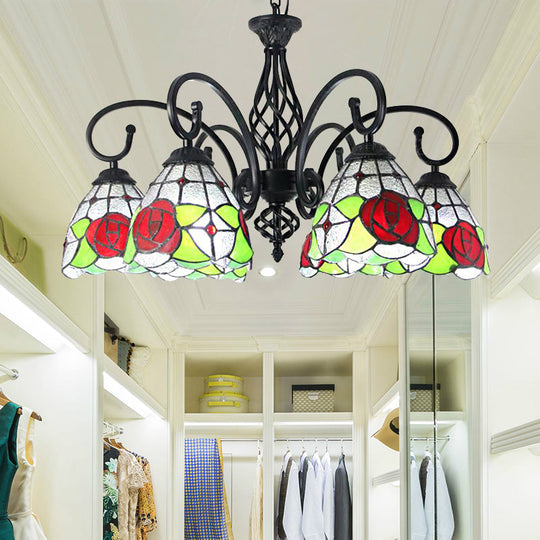 Red Stained Glass Chandelier Pendant Light For Living Room - 6 Bulbs By Tiffany Rose