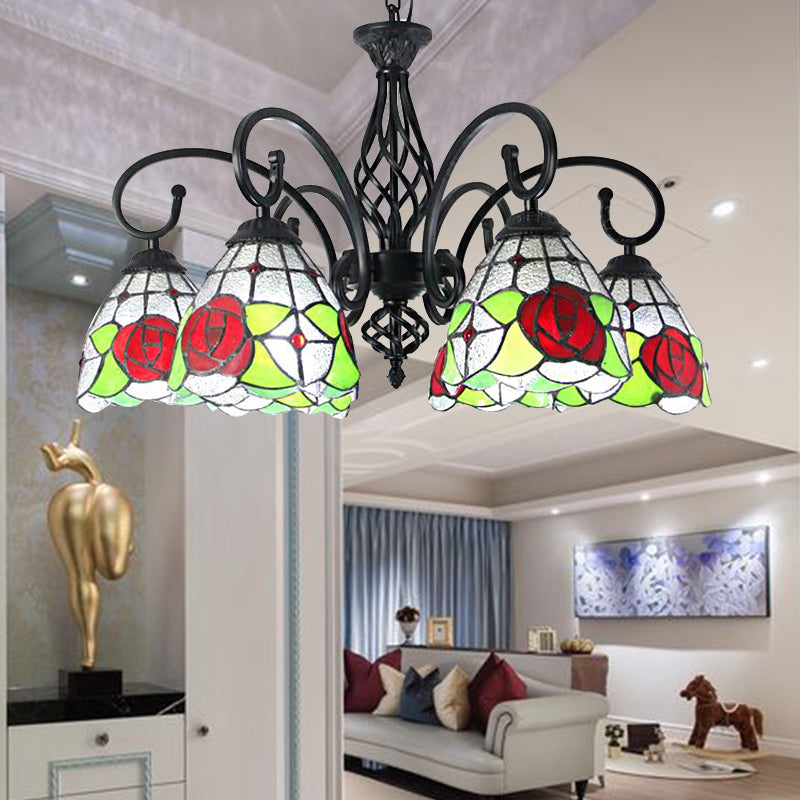 Tiffany Rose Chandelier Pendant Light - 6-Light Stained Glass, Red-Indoor Lighting for Living Room