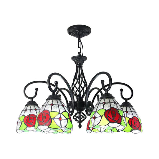 Tiffany Rose Chandelier Pendant Light - 6-Light Stained Glass, Red-Indoor Lighting for Living Room