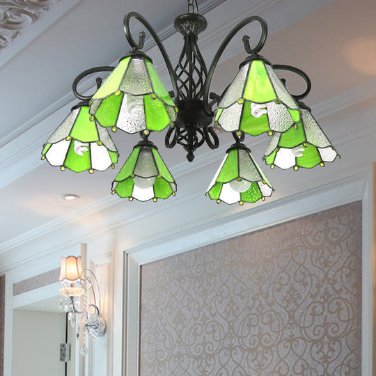 Tiffany Style Hanging Pendant Light With 6 Green/Blue Glass Shades For Foyer Green