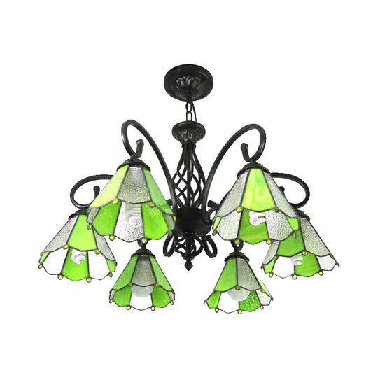 Tiffany Style Conical Glass Shade Pendant Light with 6 Green/Blue Lights for Foyer