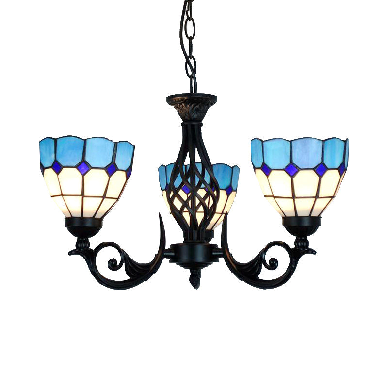 Blue Glass Pendant Light With Grid Pattern 3 Lights Bowl Chandelier For Bedroom