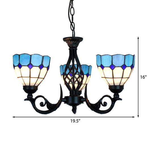 Blue Glass Pendant Light With Grid Pattern 3 Lights Bowl Chandelier For Bedroom