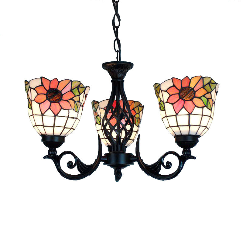 Rustic Sunflower Stained Glass Pendant Chandelier - Lodge Style Ceiling Lighting with 3 Lights in Black Finish