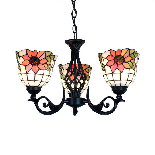 Rustic Lodge Sunflower Ceiling Chandelier: 3 Lights Stained Glass Pendant Lighting In Black Finish