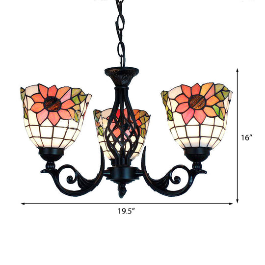 Rustic Lodge Sunflower Ceiling Chandelier: 3 Lights Stained Glass Pendant Lighting In Black Finish