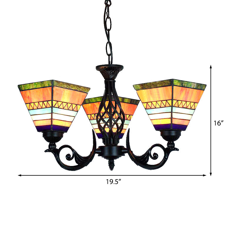 Orange Tiffany Upward Chandelier Light With Stained Glass Pyramid Shade