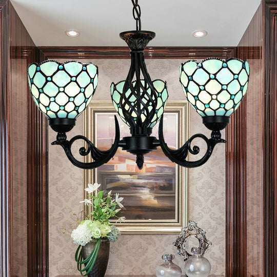 Traditional Blue Glass Chandelier with Bead Accents - 3 Lights for Indoor Foyer Lighting