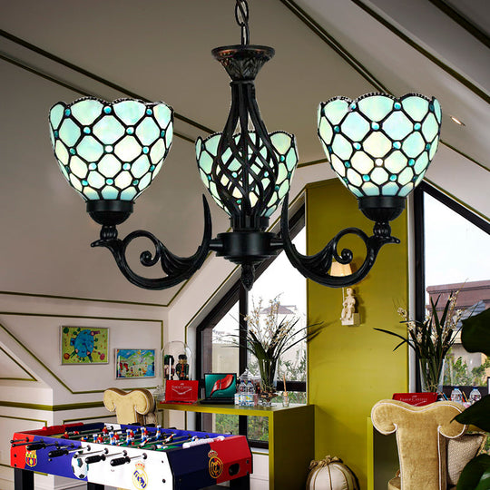 Blue Glass Bowl Chandelier With Bead Details - Traditional 3-Light Indoor Lighting For Foyer