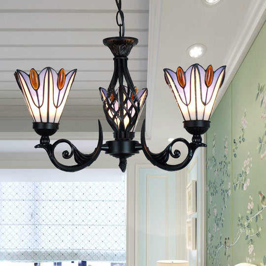 Black Floral Tiffany Pendant Light with Metal Chain for Stairway Decor