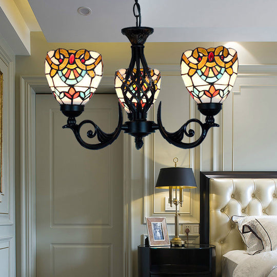 Baroque Stained Glass Chandelier with 3 Lights for Living Room in Black