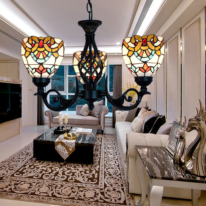 Stained Glass Baroque Chandelier Lighting: 3 Lights Black Ideal For Living Room