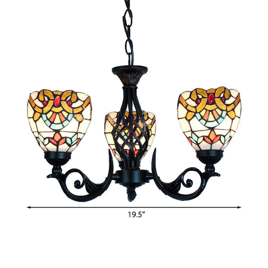 Baroque Stained Glass Chandelier with 3 Lights for Living Room in Black