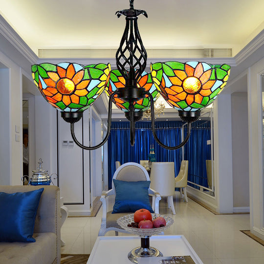 Stained Glass Sunflower Chandelier with Green Bowl Shade and Curved Arm Pendant Light