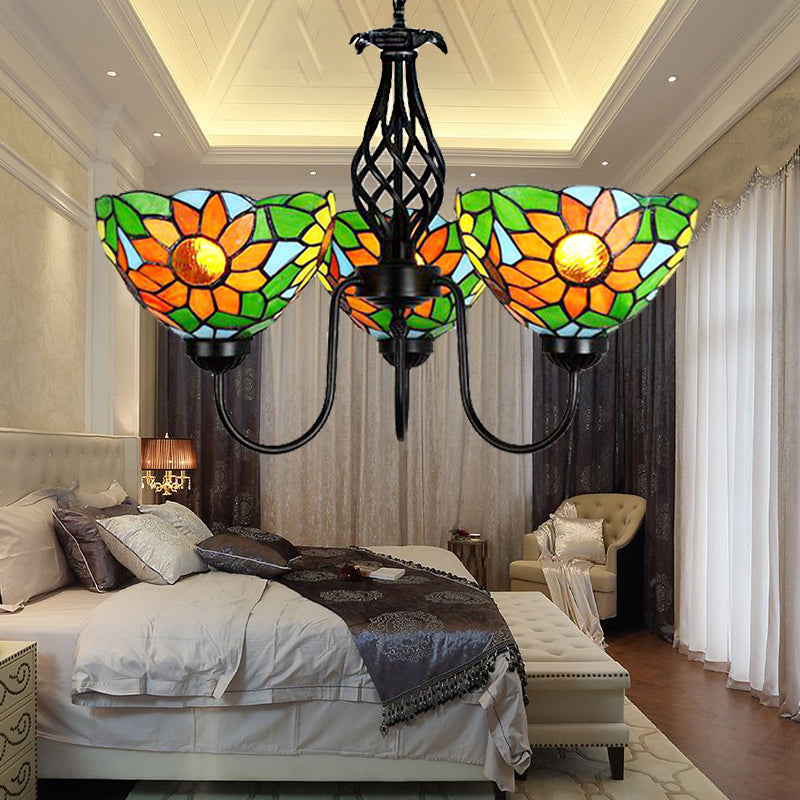 Green Stained Glass Sunflower Chandelier With Curved Arm And Bowl Shade - Lodge Pendant Light