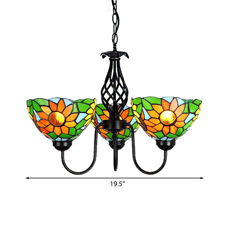 Stained Glass Sunflower Chandelier with Green Bowl Shade and Curved Arm Pendant Light