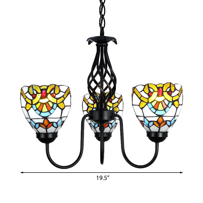 Black Baroque Stained Glass Bowl Pendant - Adjustable Chain Chandelier Light