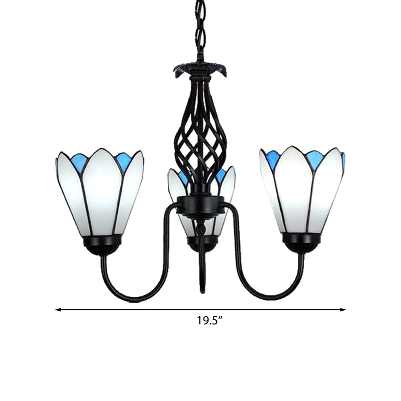 White Glass Floral Chandelier with Curved Arm - 3-Light Hanging Ceiling Fixture for Traditional Bedroom