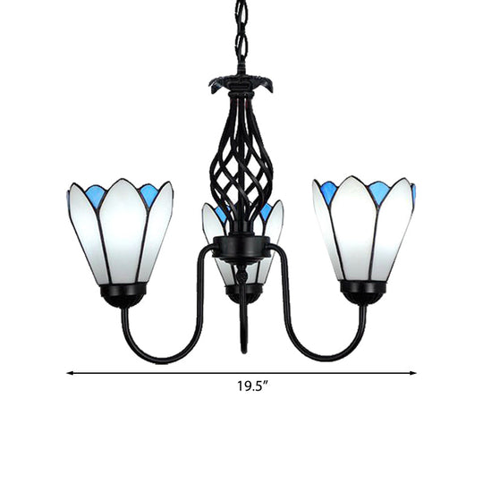 White Glass Floral Chandelier with Curved Arm - 3-Light Hanging Ceiling Fixture for Traditional Bedroom