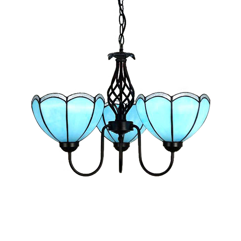 Scalloped Tiffany Blue Glass Pendant Chandelier - 3-Light Traditional Lighting For Living Room