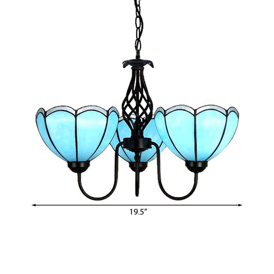 Traditional Tiffany Blue Glass Pendant Chandelier - 3-Light Scalloped Design for Living Room