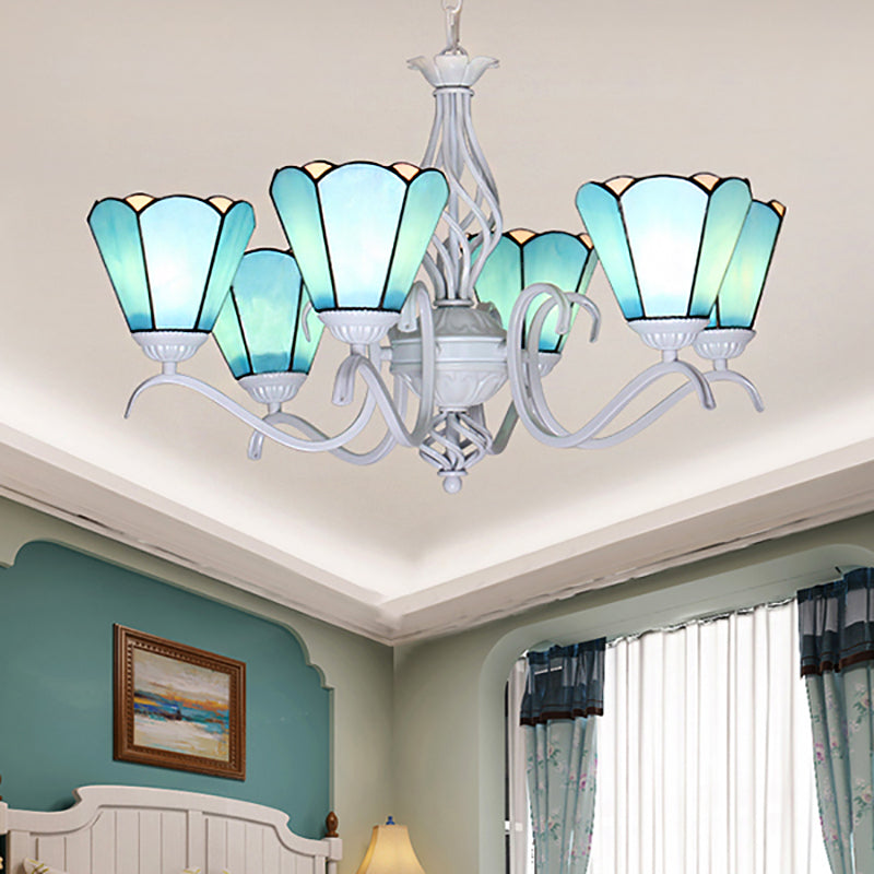 Blue/White Stained Glass Cone Ceiling Chandelier With Traditional White Finish - Multi-Light Pendant