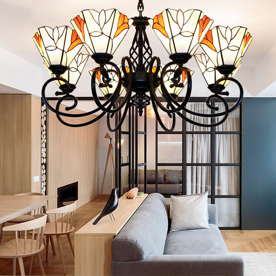 Hanging Lodge Stained Glass Pendant Light with Magnolia Design and Metal Chain for Living Room