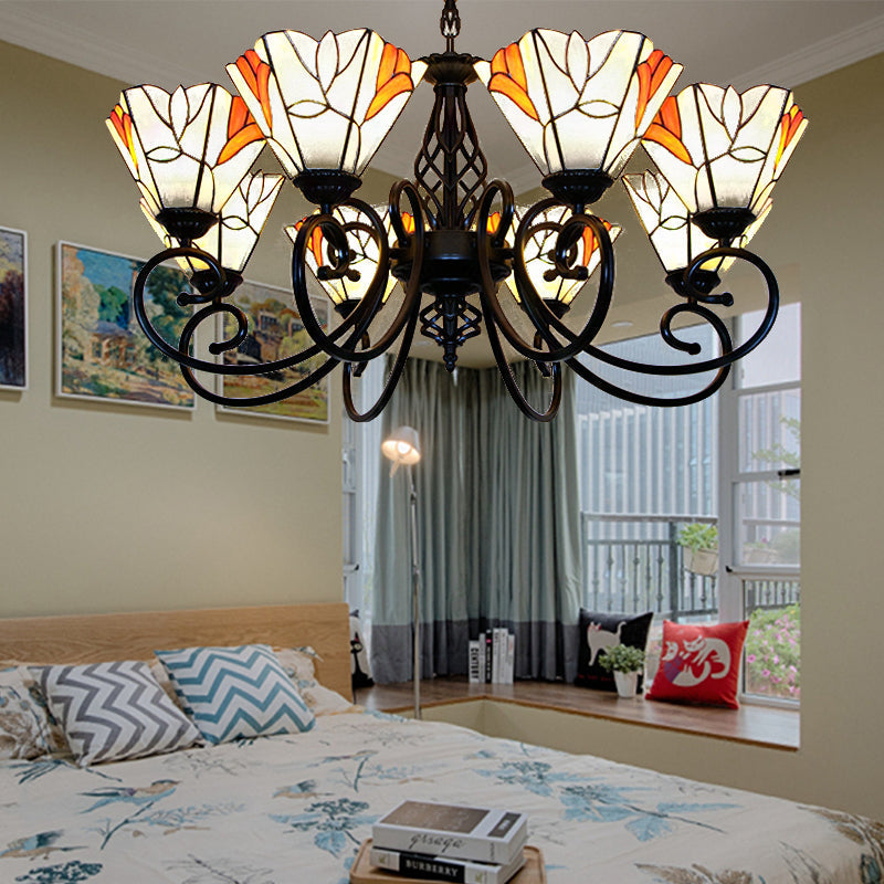 Hanging Lodge Stained Glass Pendant Light with Magnolia Design and Metal Chain for Living Room