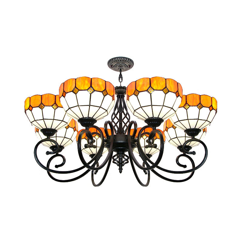 Stained Glass Bowl Hanging Light - Adjustable Metal Chain Tiffany Chandelier in Orange