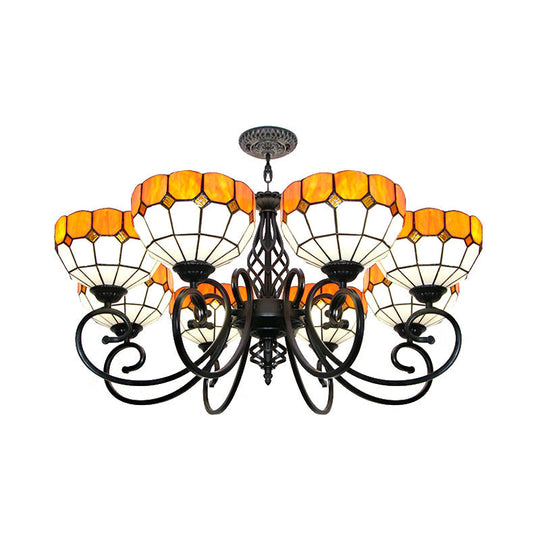 Stained Glass Bowl Hanging Light - Adjustable Metal Chain Tiffany Chandelier in Orange