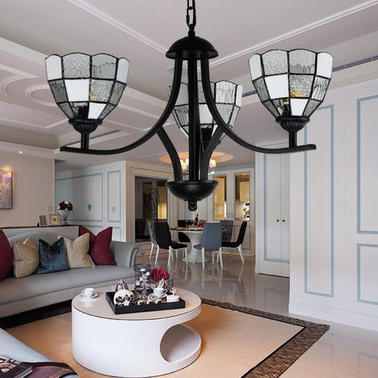 White Glass Chandelier Lamp with Black Finish - 3-Light Bowl Ceiling Hanging Light for Foyer