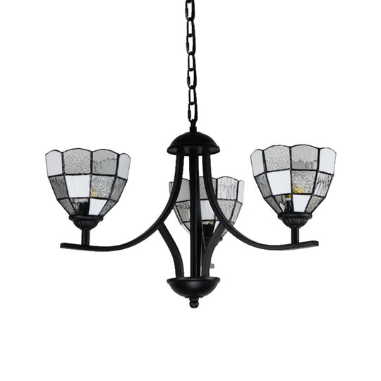 3-Light Bowl Ceiling Hanging Chandelier Lamp In Black Finish For Foyer With White Glass