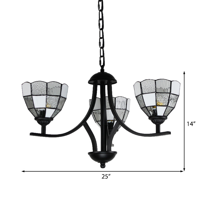 3-Light Bowl Ceiling Hanging Chandelier Lamp In Black Finish For Foyer With White Glass