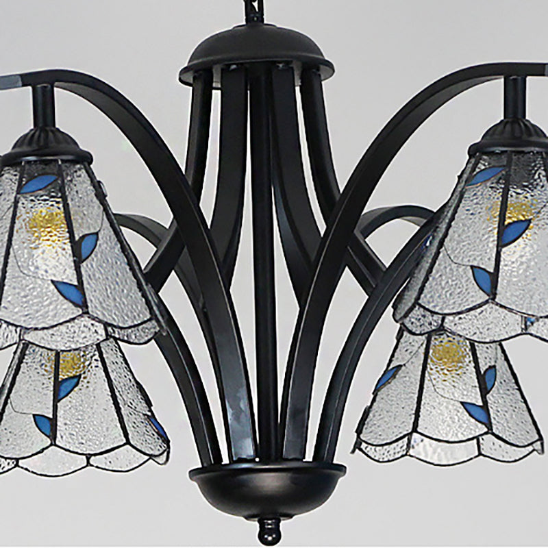 Blue/Green Stained Glass Cone Chandelier: Traditional Ceiling Pendant Light With Leaf Pattern