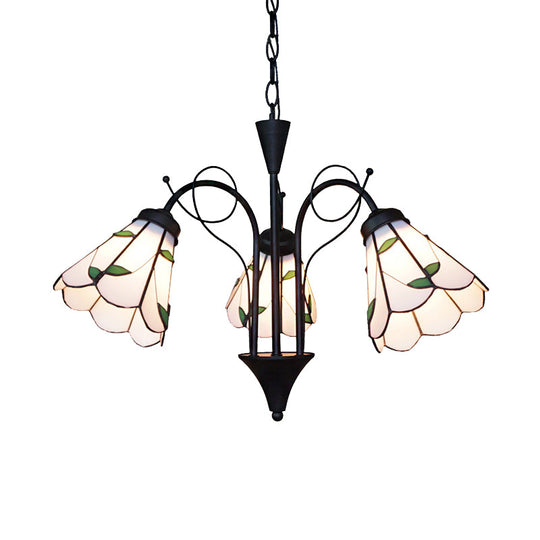 Traditional Beige Glass Cone Hanging Light With Leaf Design - 3-Light Ceiling Chandelier For Living