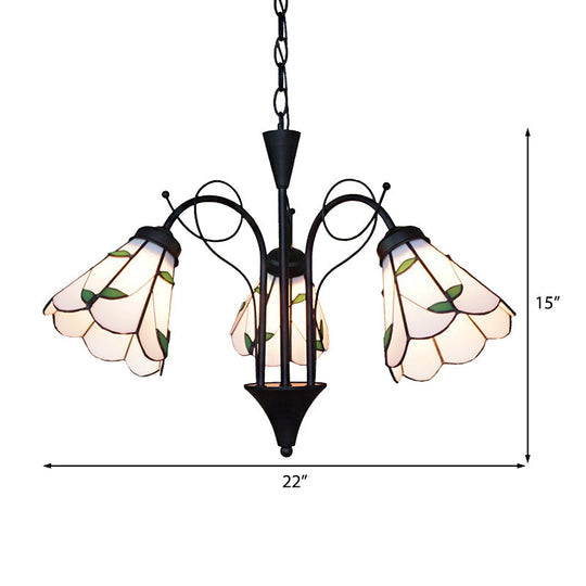 Beige Glass Cone Hanging Light: Leaf Traditional Ceiling Chandelier for Living Room