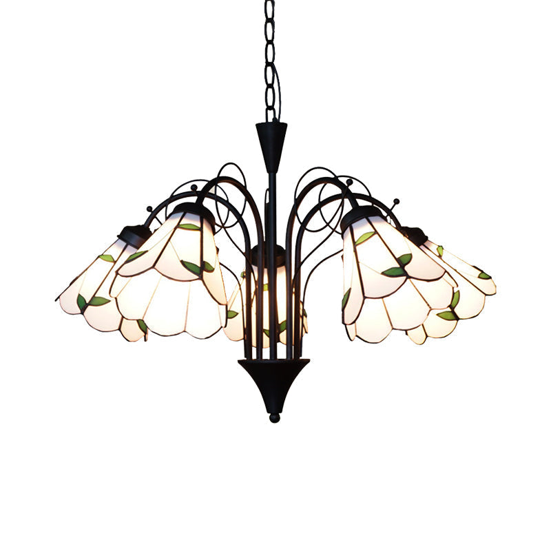 Rustic Leaf Chandelier With Stained Glass Shades & Metal Chain | 5 Lights Pendant In Beige For