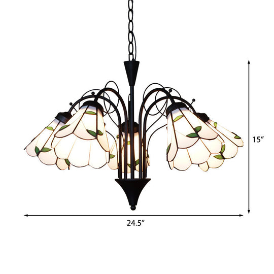 Rustic Leaf Chandelier With Stained Glass Shades & Metal Chain | 5 Lights Pendant In Beige For