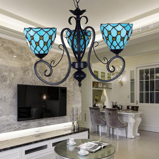 Blue Glass Bead Ceiling Pendant Light: Traditional Chandelier With Metal Chain