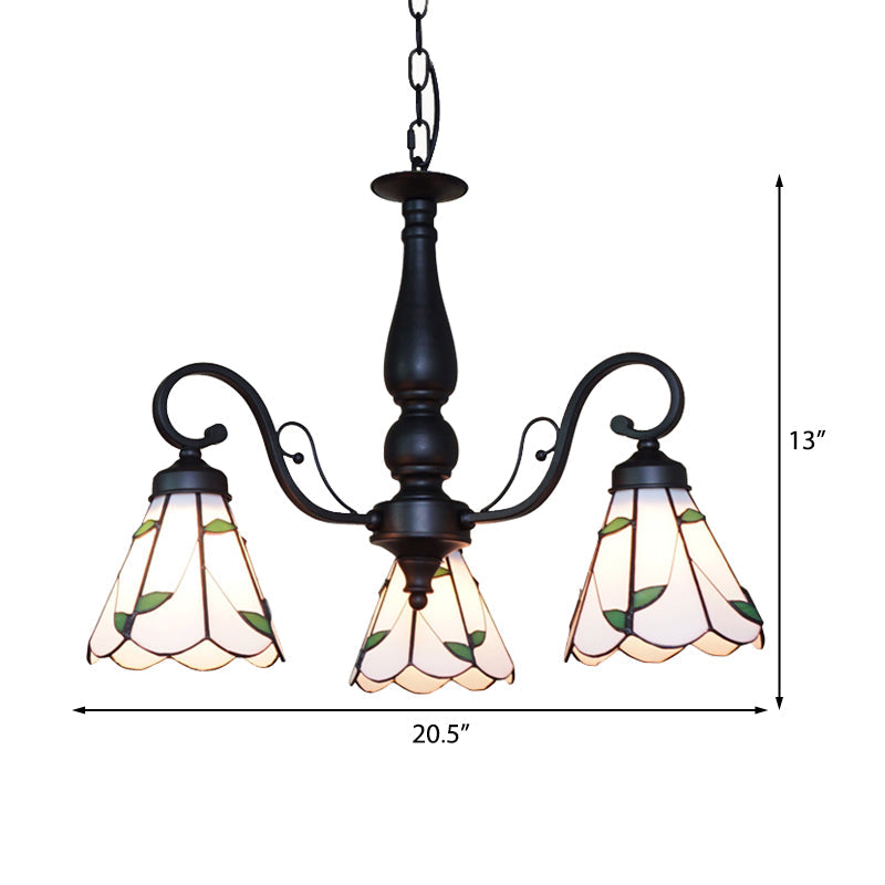 Adjustable Stained Glass Cone Chandelier with Traditional Pendant Light - 3 Lights and Rhombus/Leaf Detailing in Beige