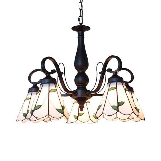 Rustic Stained Glass Pendant Chandelier With Gooseneck And Rhombus/Leaf Pattern - 5-Light Beige