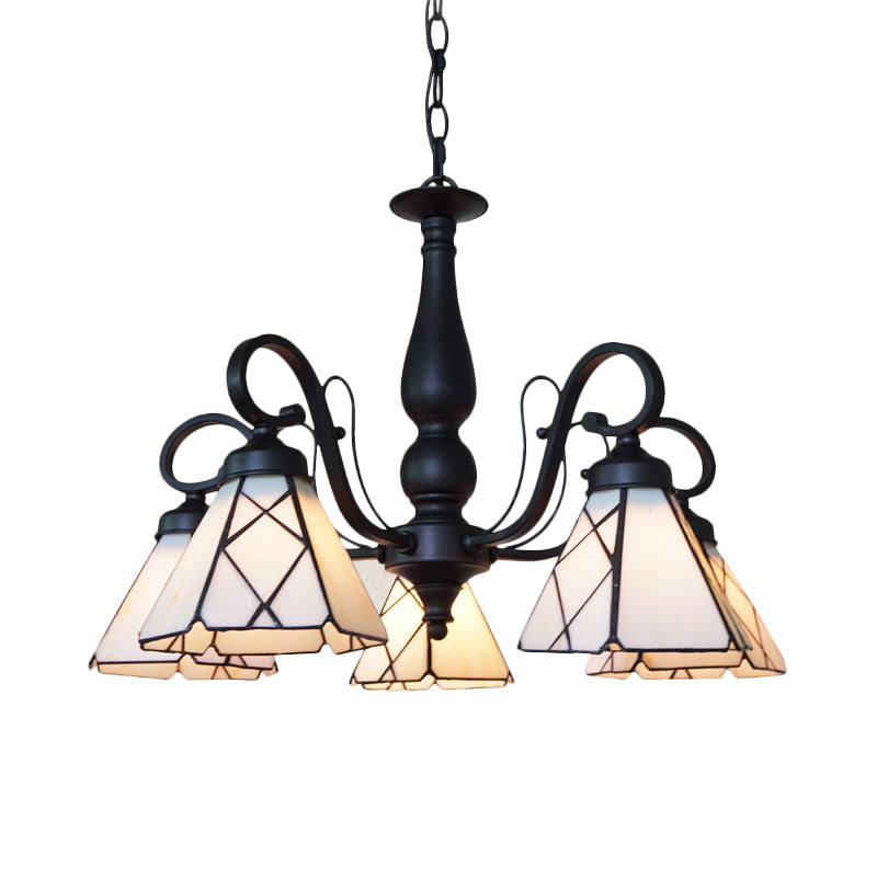 Rustic Stained Glass Pendant Chandelier With Gooseneck And Rhombus/Leaf Pattern - 5-Light Beige