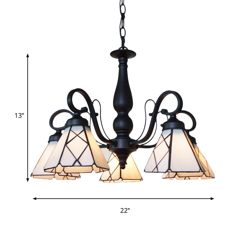 Rustic Cone Pendant Light with Gooseneck, Rhombus/Leaf Pattern - 5 Lights Stained Glass Chandelier in Beige