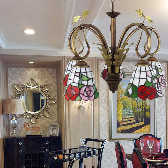 Adjustable Chain Rustic Chandelier - Rose Hanging Light, 5 Lights, Stained Glass, Red